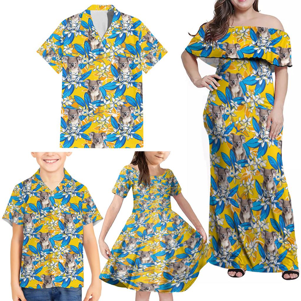 Koala Family Matching Off Shoulder Maxi Dress and Hawaiian Shirt Plumeria Flowers