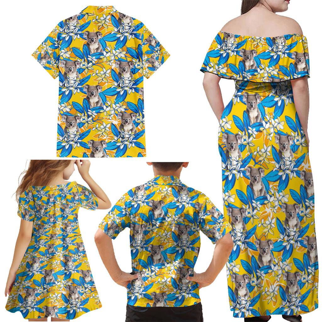 Koala Family Matching Off Shoulder Maxi Dress and Hawaiian Shirt Plumeria Flowers