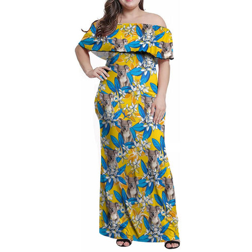 Koala Family Matching Off Shoulder Maxi Dress and Hawaiian Shirt Plumeria Flowers