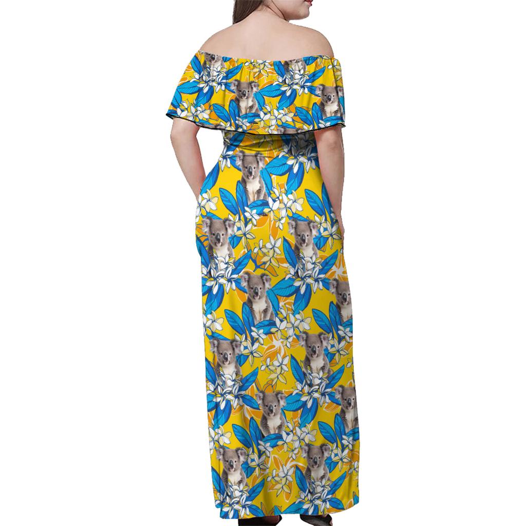 Koala Family Matching Off Shoulder Maxi Dress and Hawaiian Shirt Plumeria Flowers