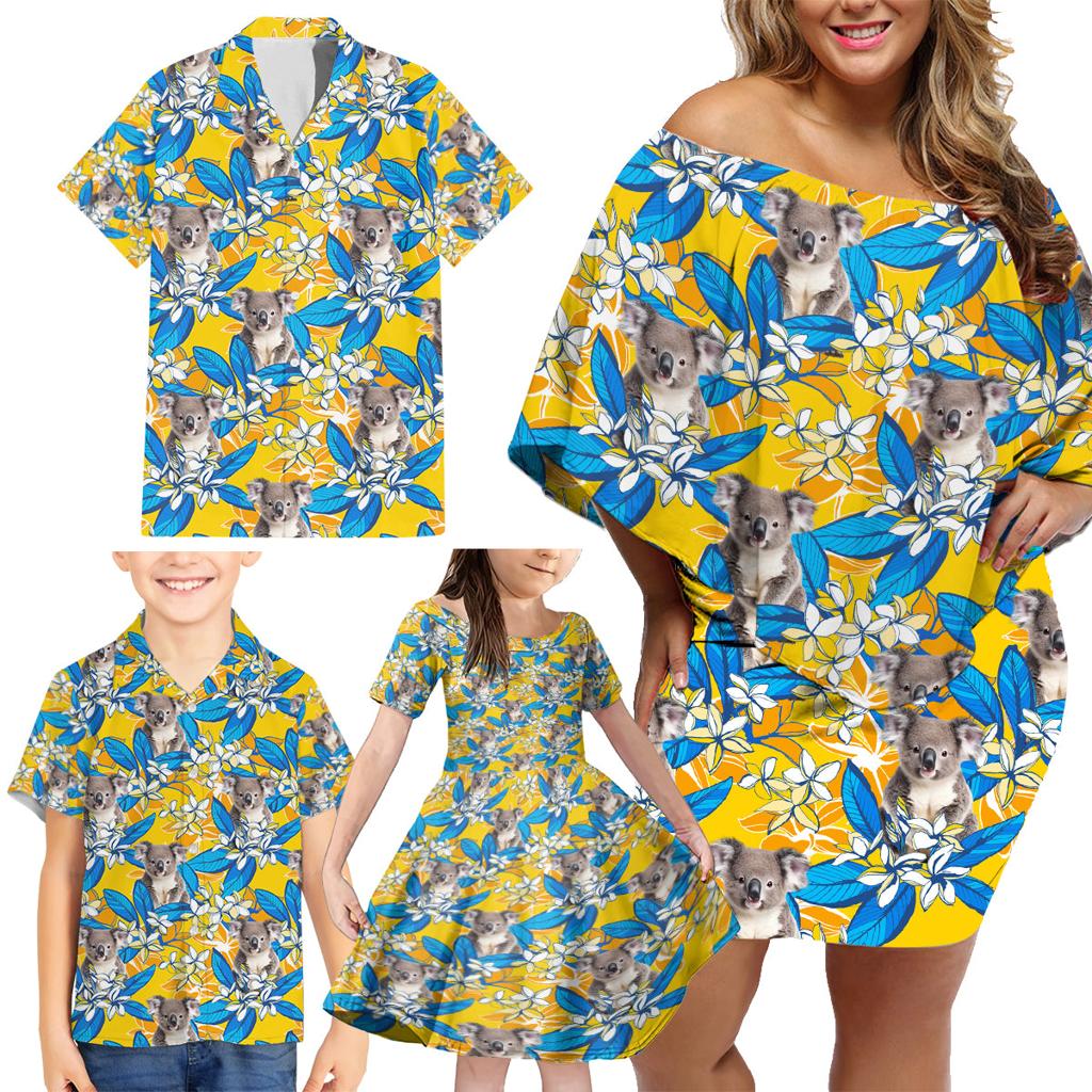 Koala Family Matching Off Shoulder Short Dress and Hawaiian Shirt Plumeria Flowers