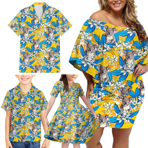 Koala Family Matching Off Shoulder Short Dress and Hawaiian Shirt Plumeria Flowers