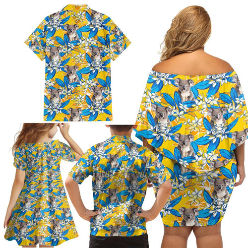 Koala Family Matching Off Shoulder Short Dress and Hawaiian Shirt Plumeria Flowers