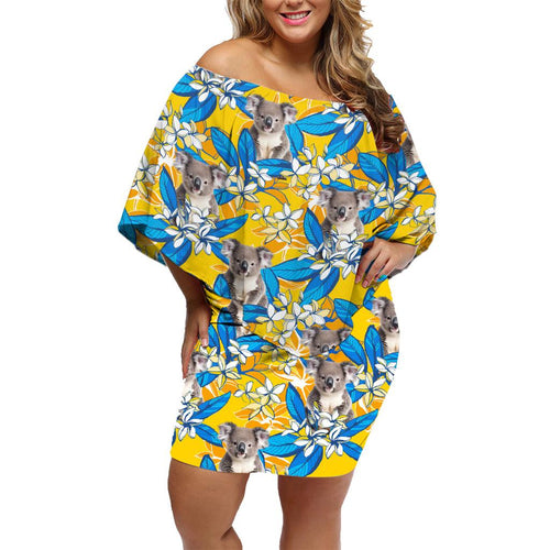 Koala Family Matching Off Shoulder Short Dress and Hawaiian Shirt Plumeria Flowers