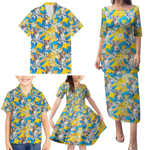 Koala Family Matching Puletasi and Hawaiian Shirt Plumeria Flowers