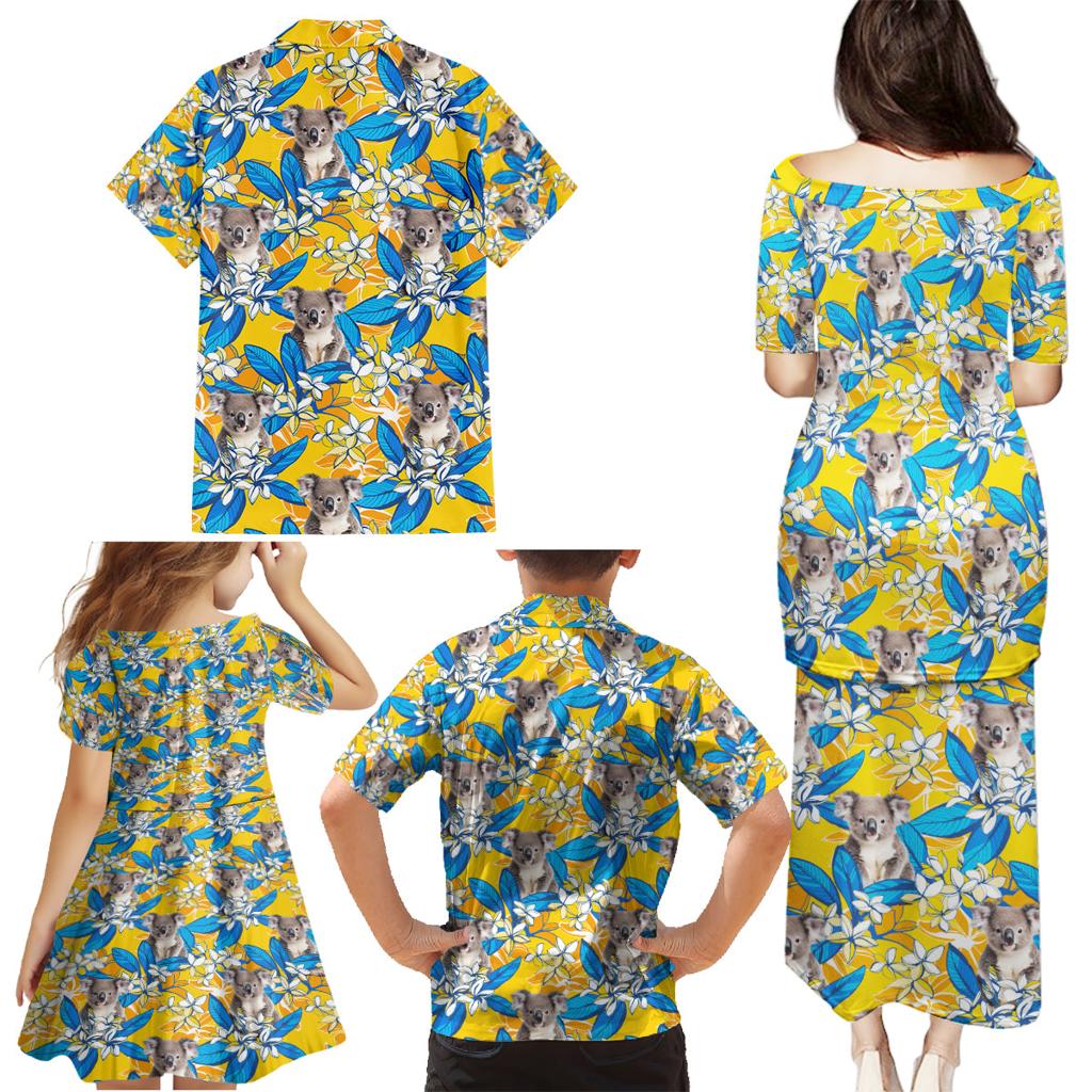 Koala Family Matching Puletasi and Hawaiian Shirt Plumeria Flowers