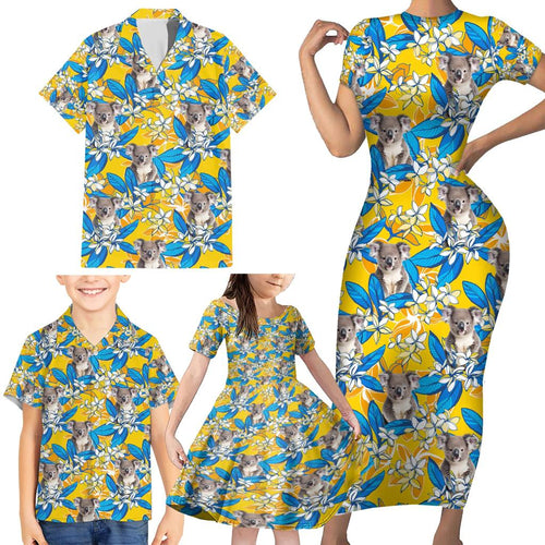 Koala Family Matching Short Sleeve Bodycon Dress and Hawaiian Shirt Plumeria Flowers