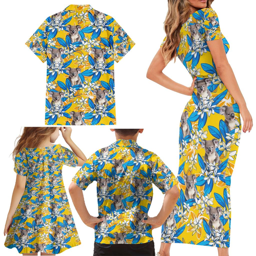 Koala Family Matching Short Sleeve Bodycon Dress and Hawaiian Shirt Plumeria Flowers