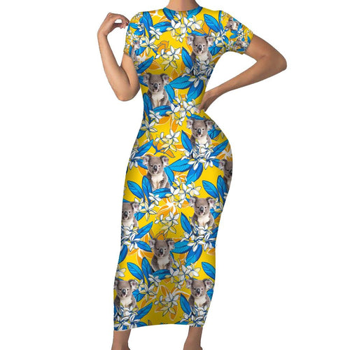 Koala Family Matching Short Sleeve Bodycon Dress and Hawaiian Shirt Plumeria Flowers