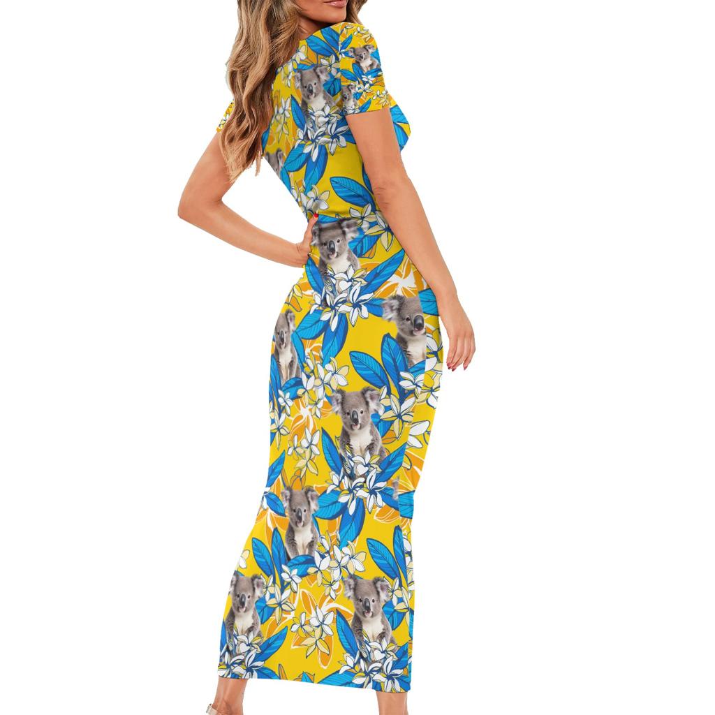Koala Family Matching Short Sleeve Bodycon Dress and Hawaiian Shirt Plumeria Flowers
