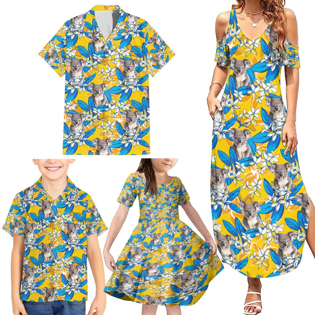 Koala Family Matching Summer Maxi Dress and Hawaiian Shirt Plumeria Flowers