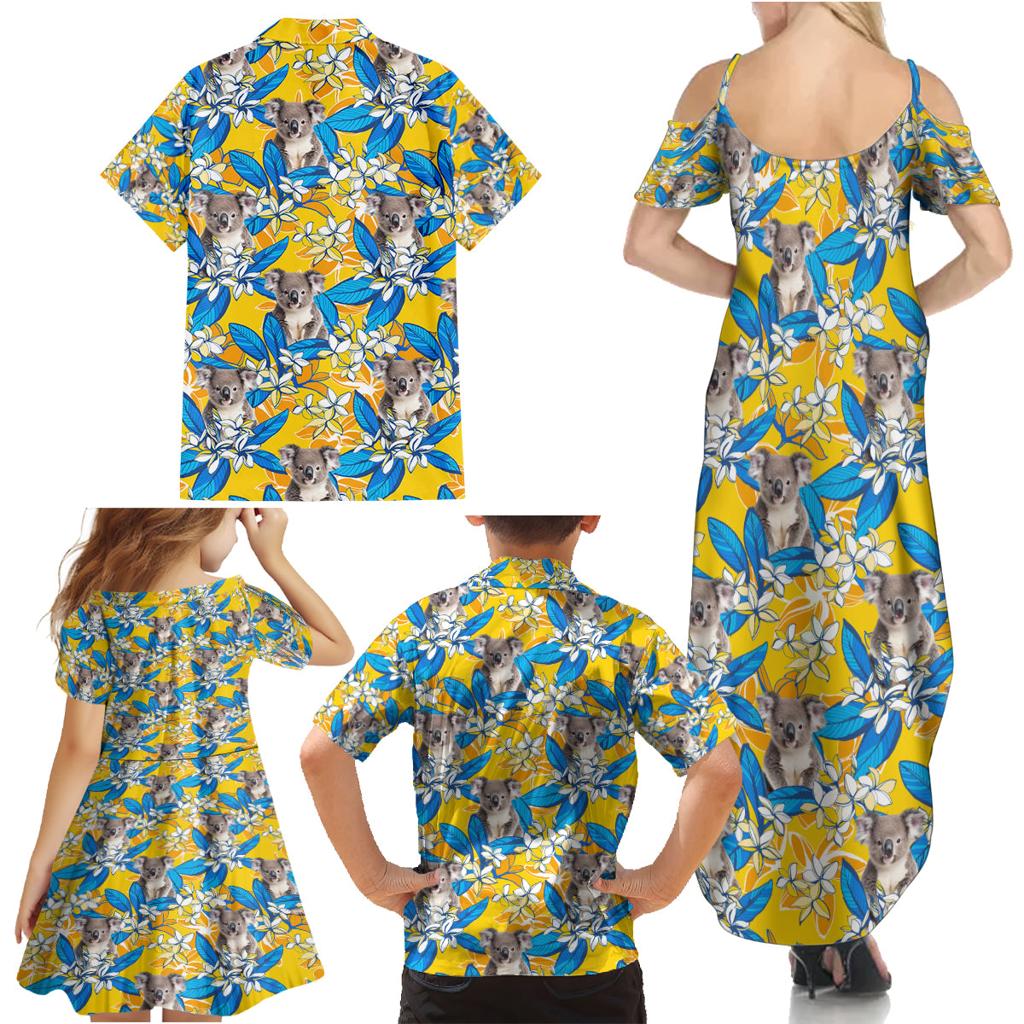 Koala Family Matching Summer Maxi Dress and Hawaiian Shirt Plumeria Flowers