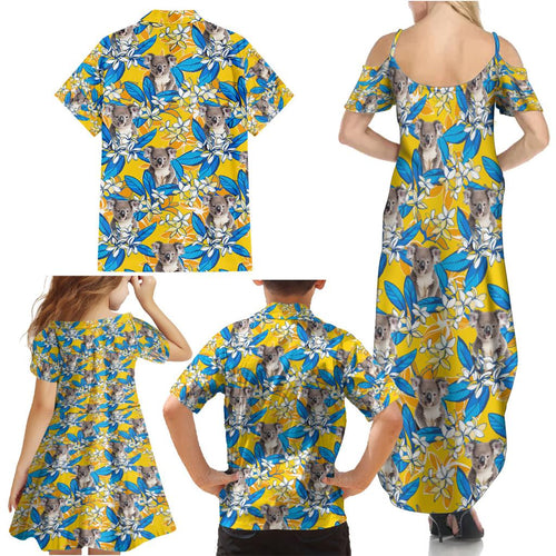 Koala Family Matching Summer Maxi Dress and Hawaiian Shirt Plumeria Flowers