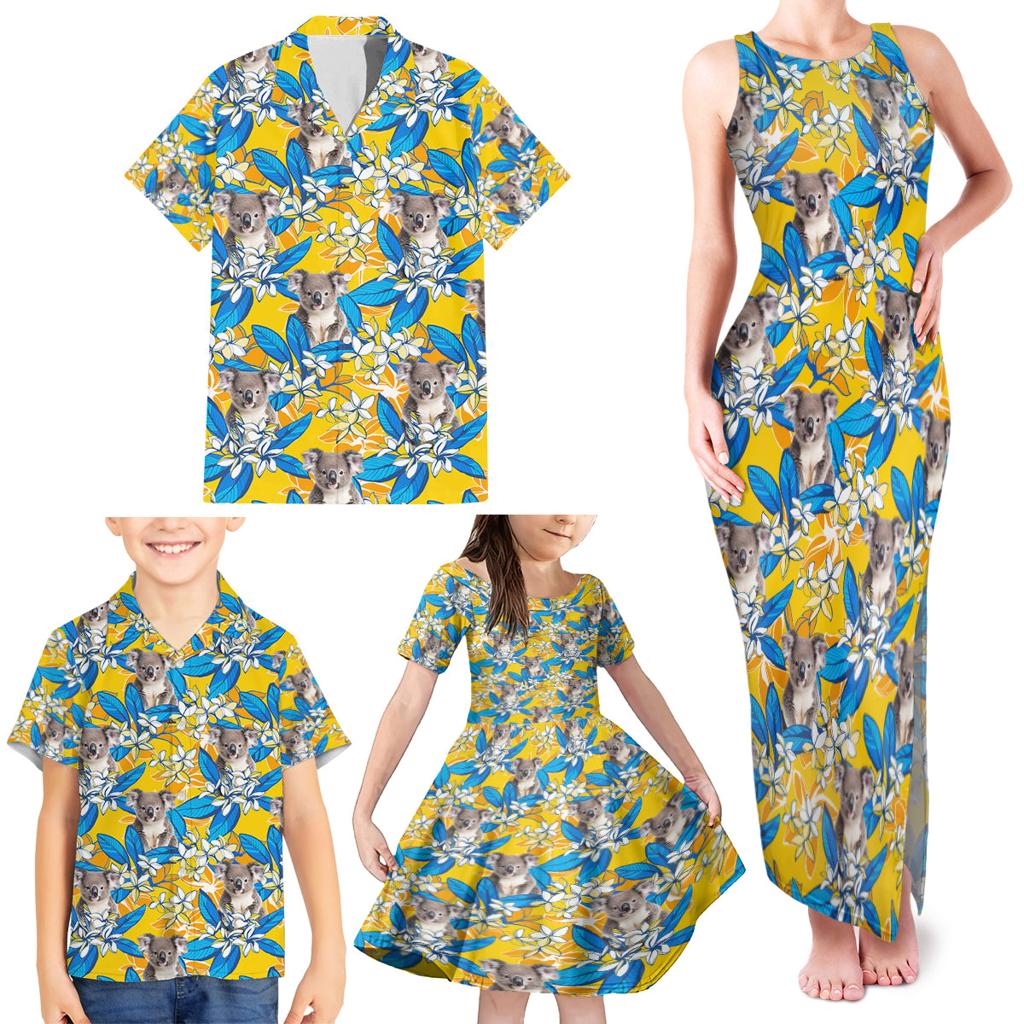 Koala Family Matching Tank Maxi Dress and Hawaiian Shirt Plumeria Flowers