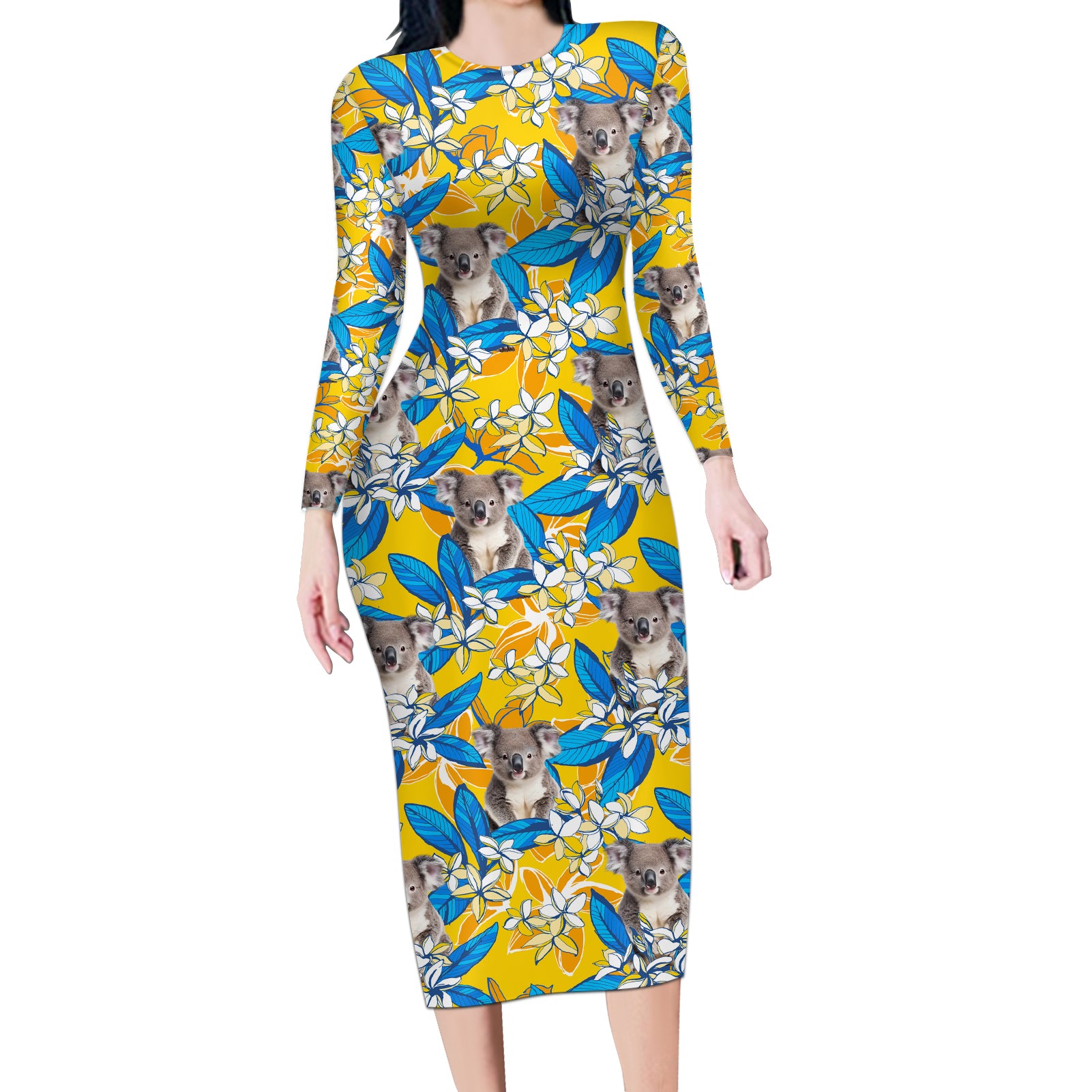 Koala Long Sleeve Bodycon Dress Plumeria Flowers
