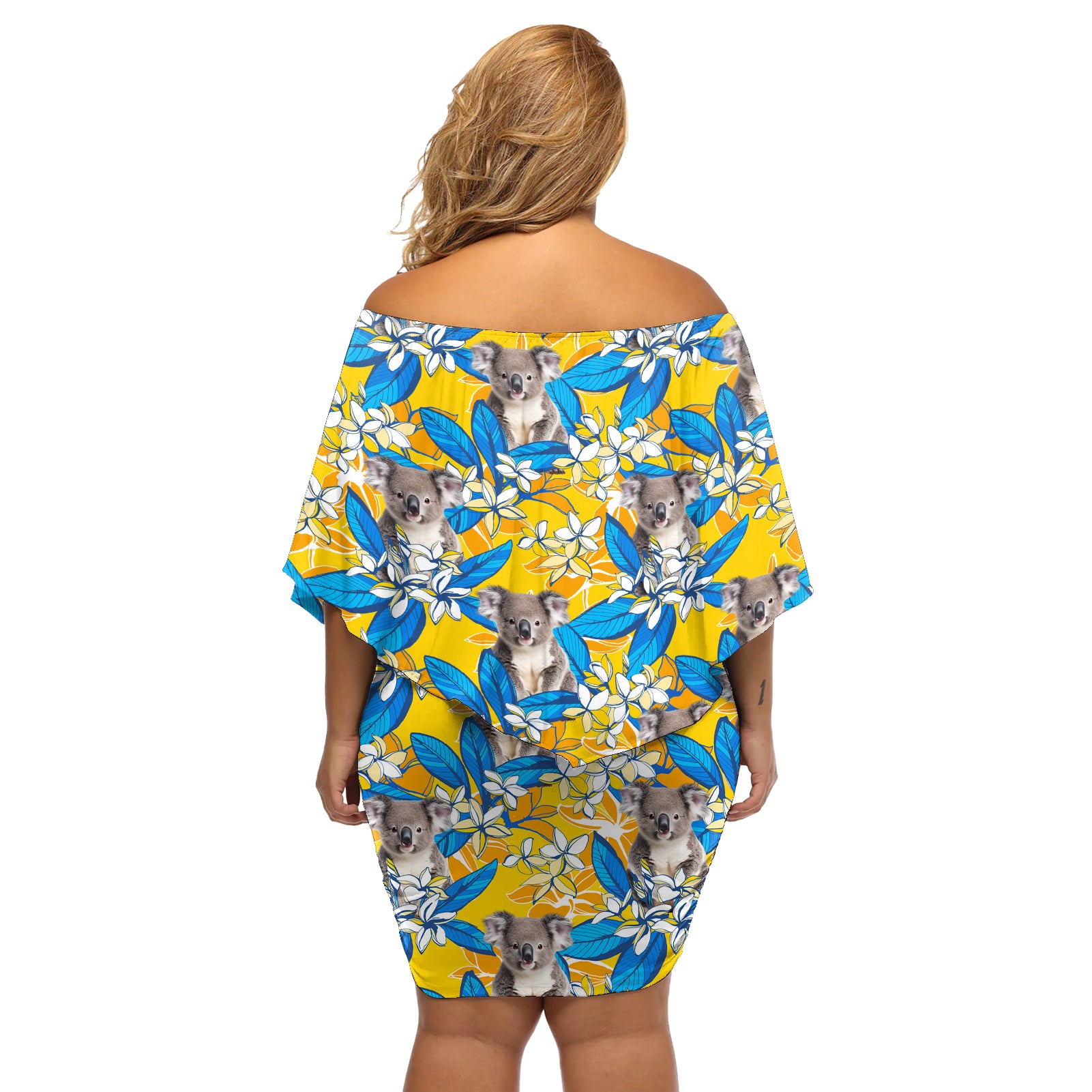 Koala Off Shoulder Short Dress Plumeria Flowers