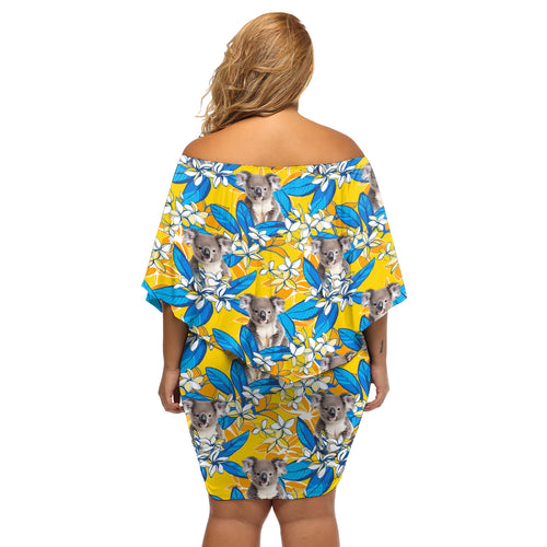 Koala Off Shoulder Short Dress Plumeria Flowers