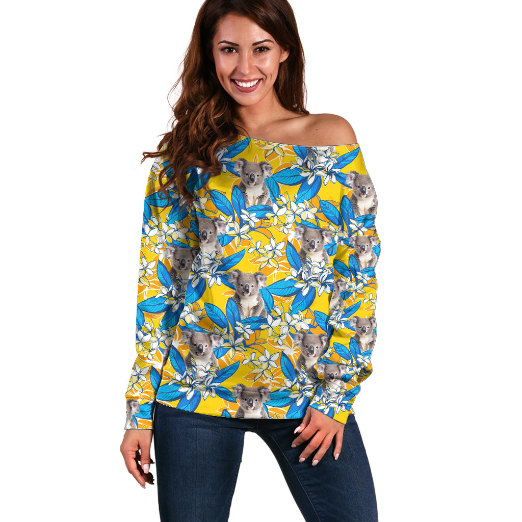 Koala Off Shoulder Sweater Plumeria Flowers