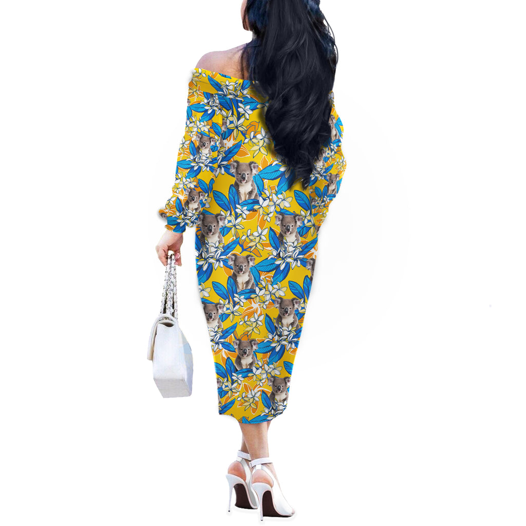 Koala Off The Shoulder Long Sleeve Dress Plumeria Flowers