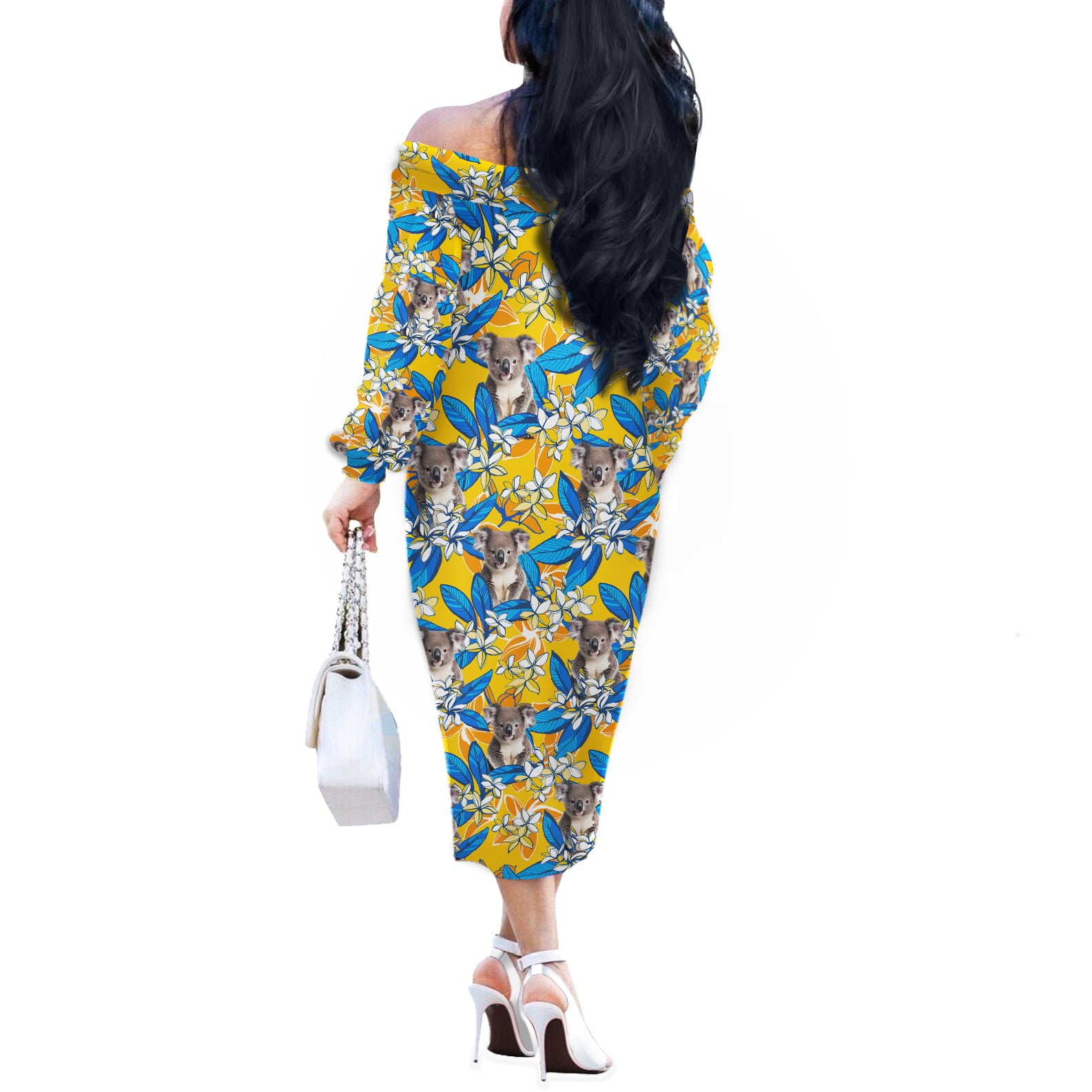Koala Off The Shoulder Long Sleeve Dress Plumeria Flowers