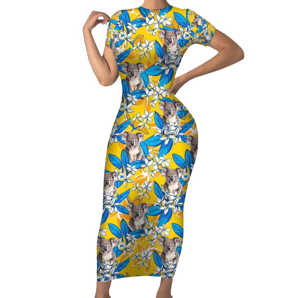 Koala Short Sleeve Bodycon Dress Plumeria Flowers