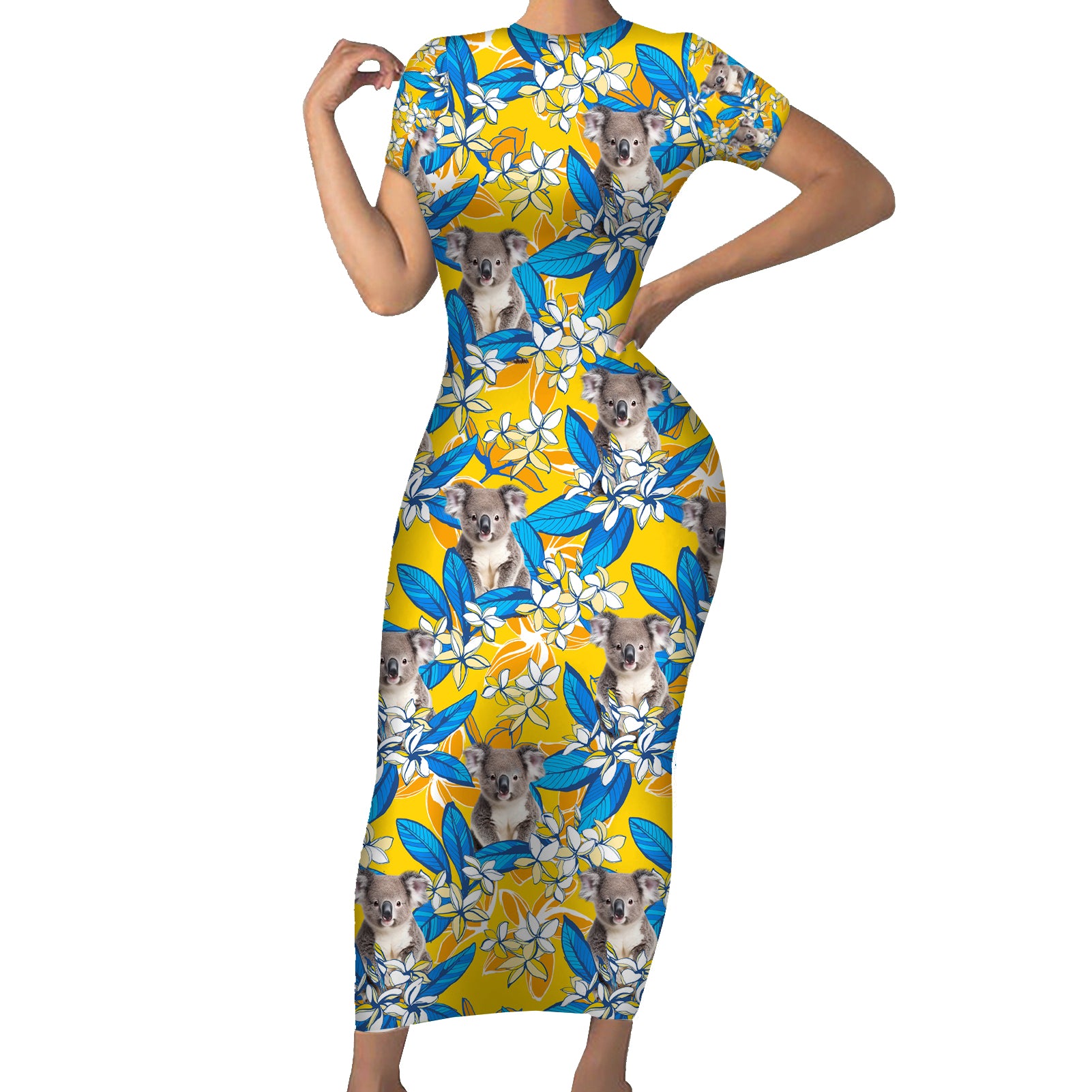 Koala Short Sleeve Bodycon Dress Plumeria Flowers