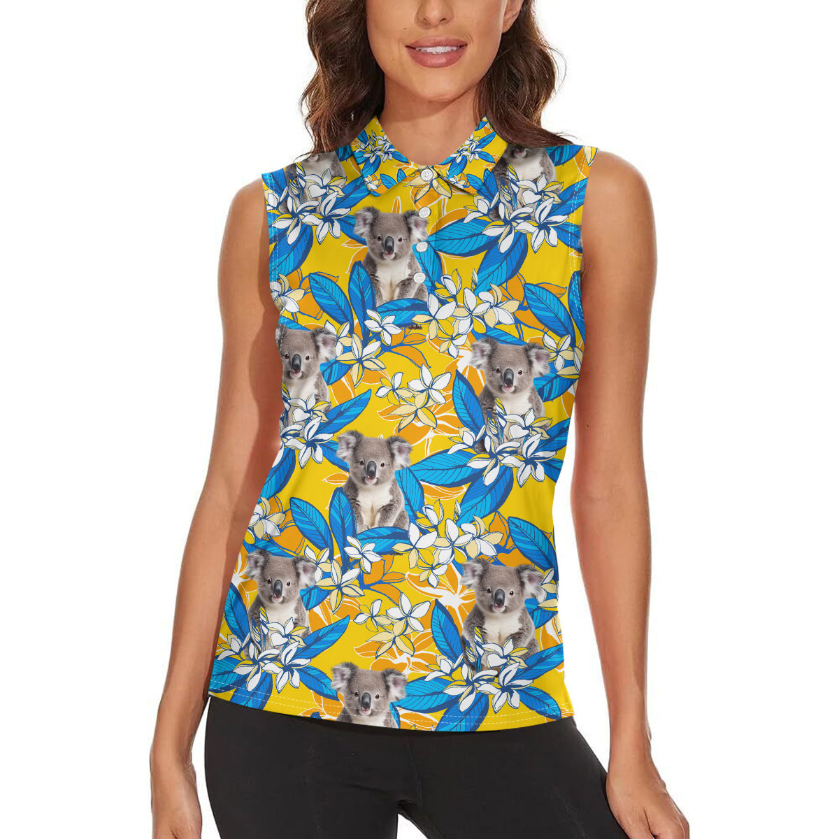 Koala Women Sleeveless Polo Shirt Plumeria Flowers
