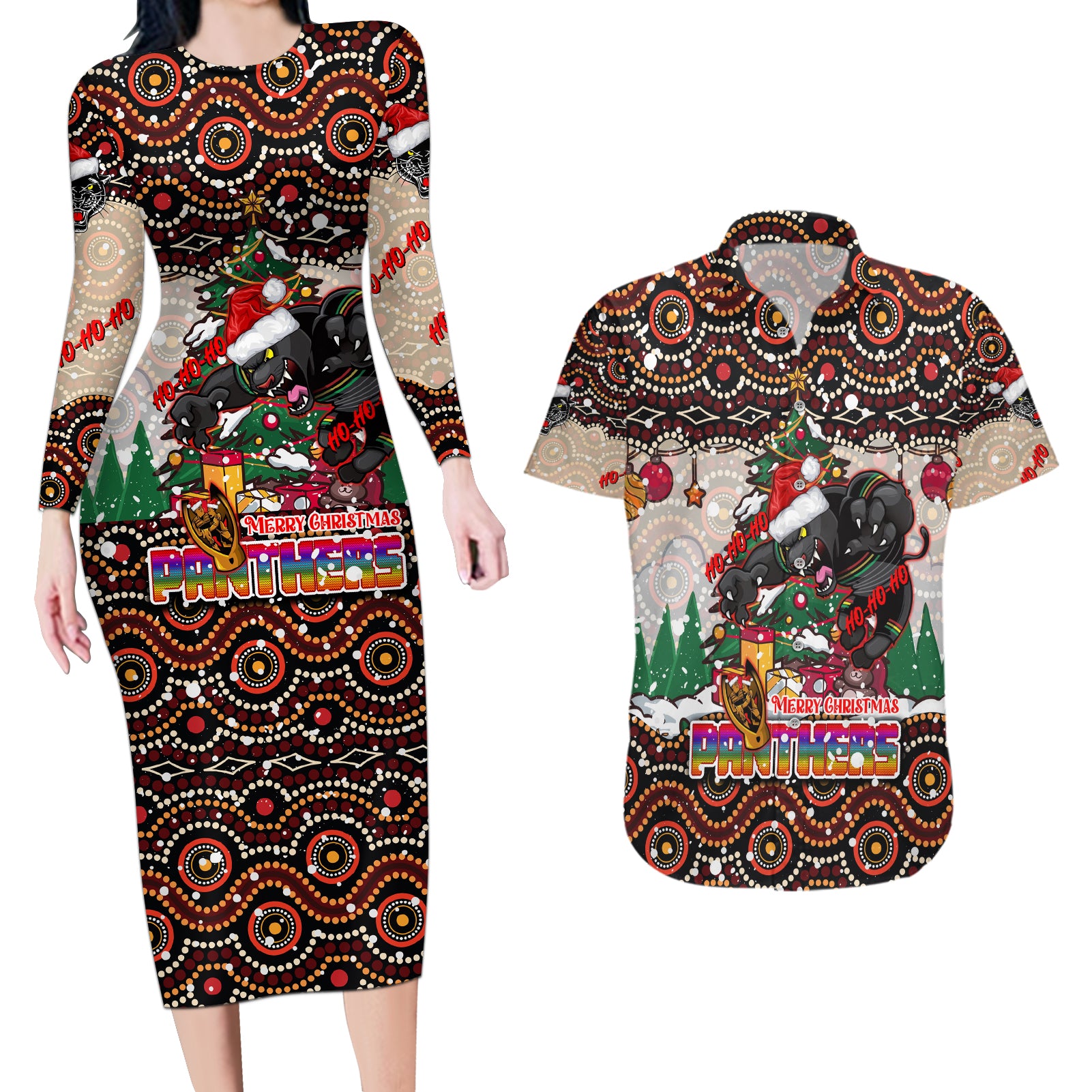 penrith-panthers-christmas-couples-matching-long-sleeve-bodycon-dress-and-hawaiian-shirt-rugby-australia-mascot