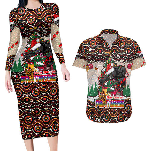 penrith-panthers-christmas-couples-matching-long-sleeve-bodycon-dress-and-hawaiian-shirt-rugby-australia-mascot