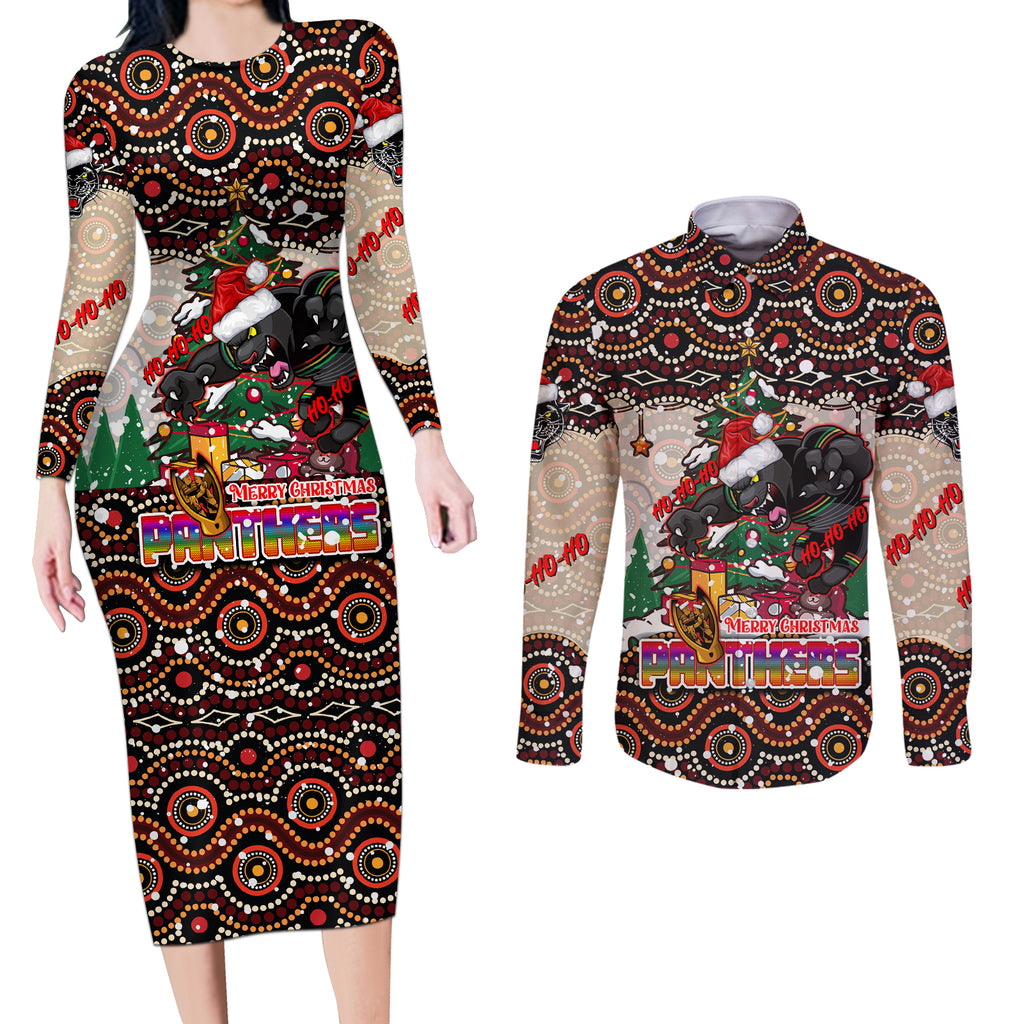 penrith-panthers-christmas-couples-matching-long-sleeve-bodycon-dress-and-long-sleeve-button-shirt-rugby-australia-mascot