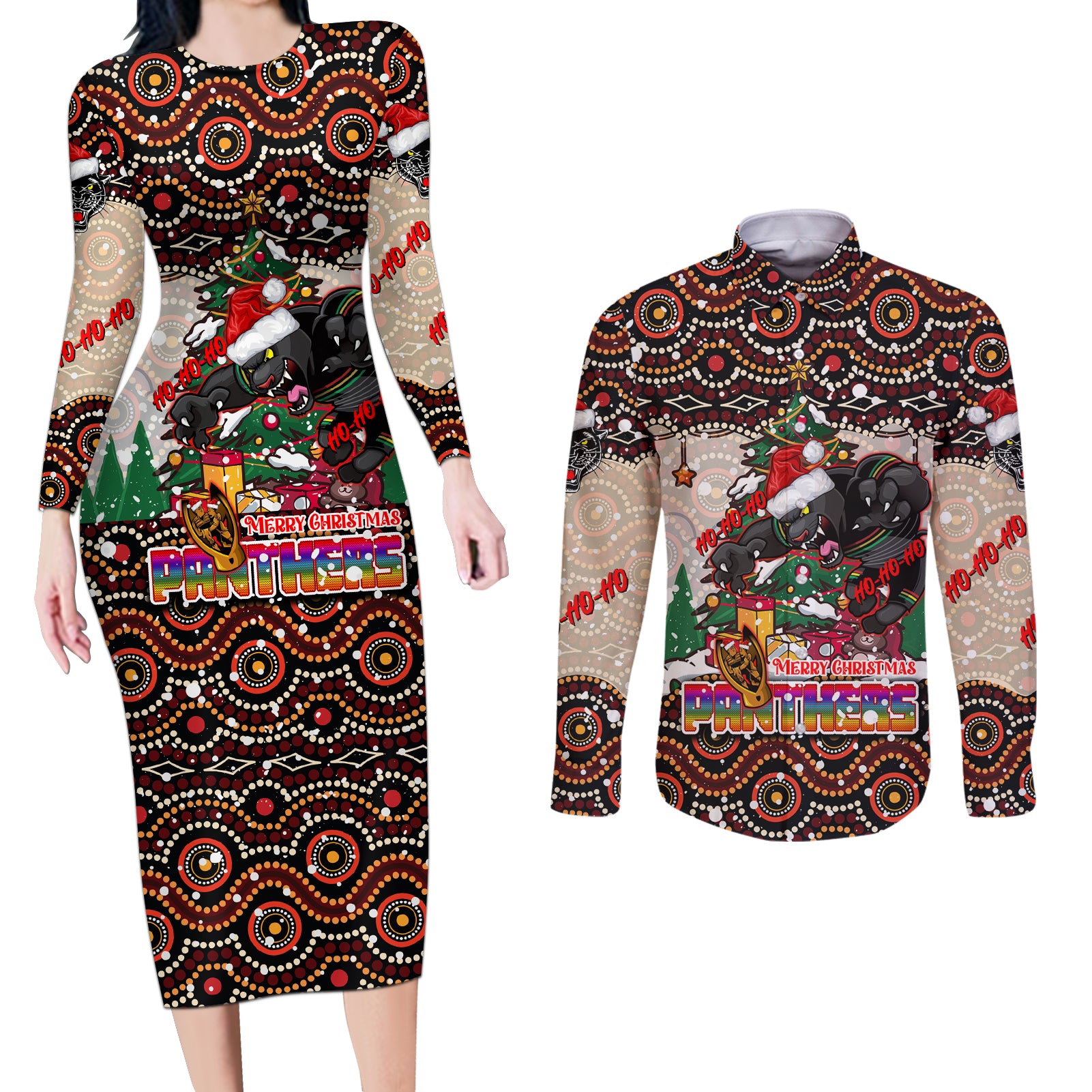 penrith-panthers-christmas-couples-matching-long-sleeve-bodycon-dress-and-long-sleeve-button-shirt-rugby-australia-mascot