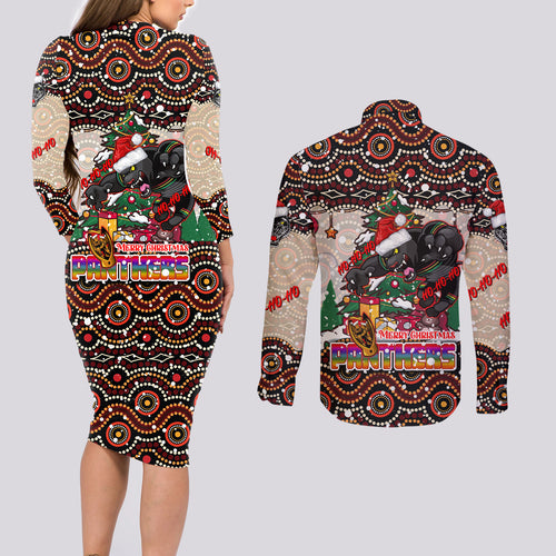 penrith-panthers-christmas-couples-matching-long-sleeve-bodycon-dress-and-long-sleeve-button-shirt-rugby-australia-mascot