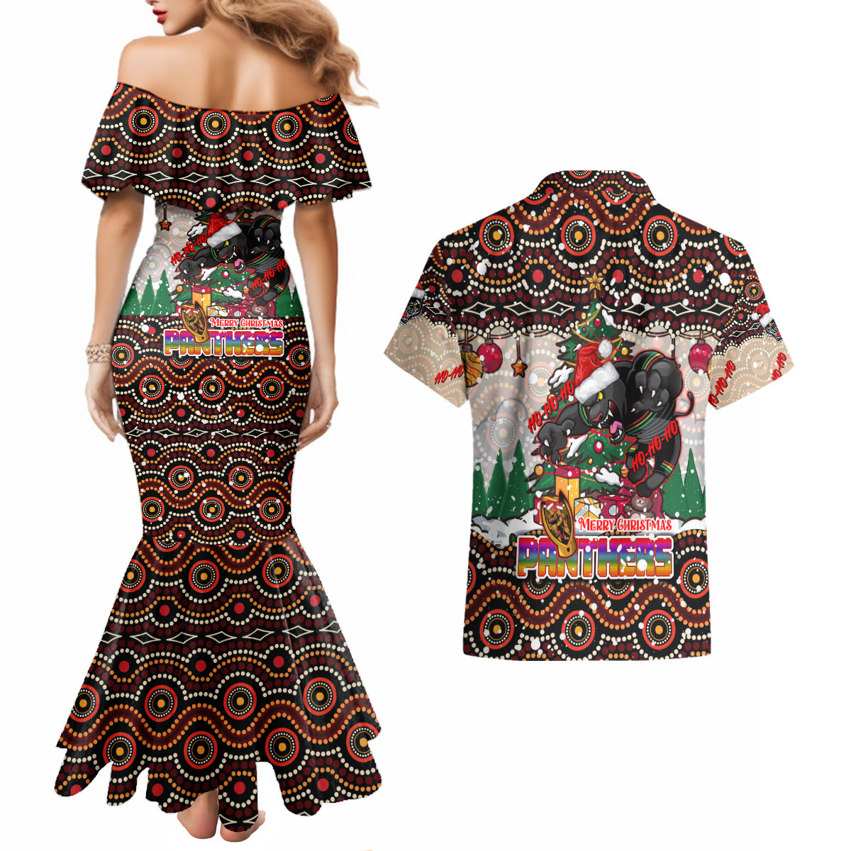 penrith-panthers-christmas-couples-matching-mermaid-dress-and-hawaiian-shirt-rugby-australia-mascot
