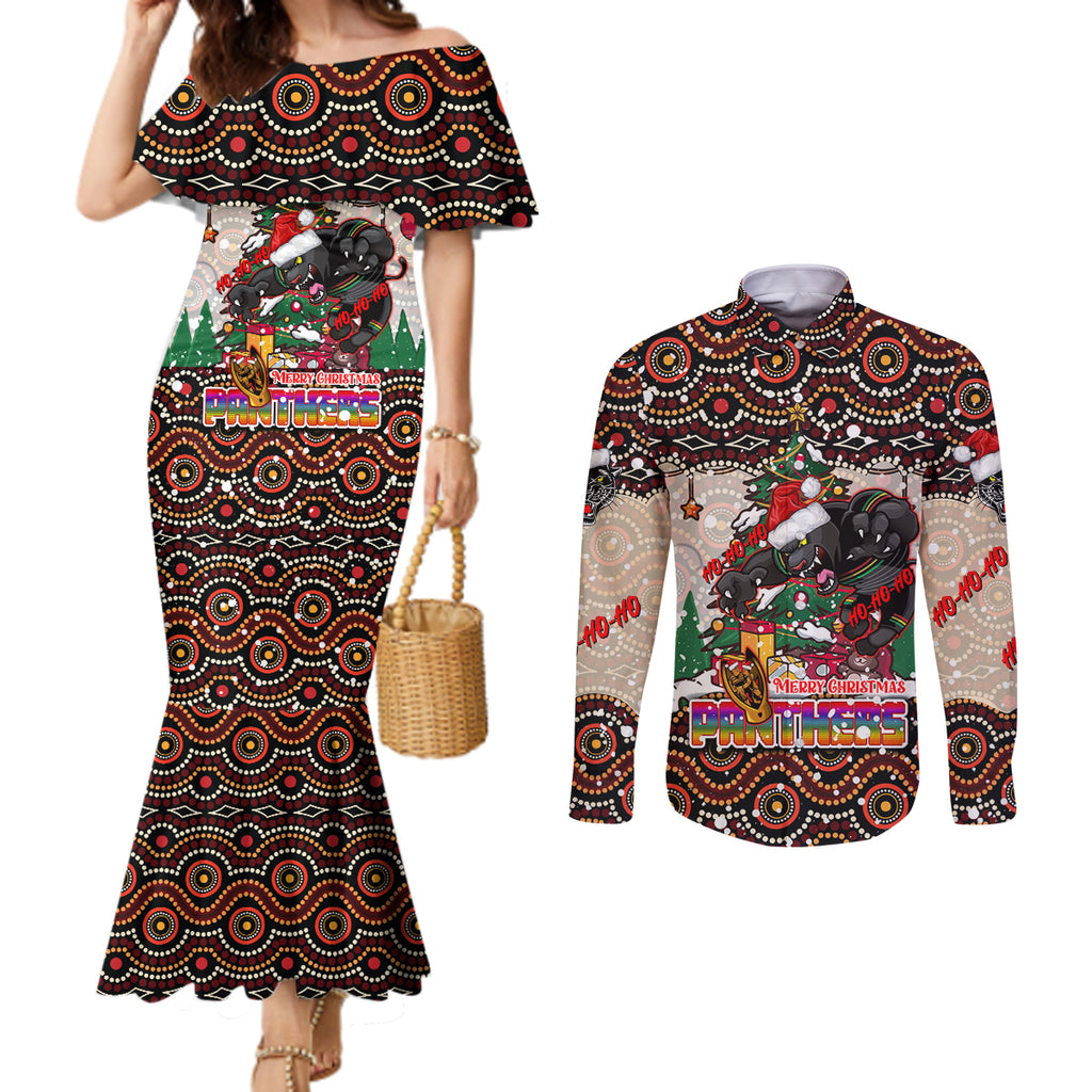 penrith-panthers-christmas-couples-matching-mermaid-dress-and-long-sleeve-button-shirt-rugby-australia-mascot