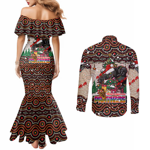 penrith-panthers-christmas-couples-matching-mermaid-dress-and-long-sleeve-button-shirt-rugby-australia-mascot