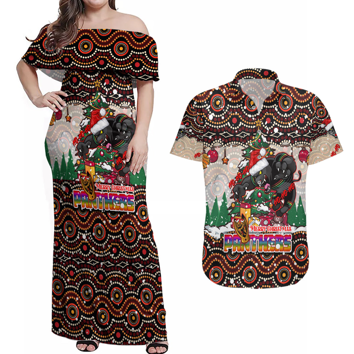 penrith-panthers-christmas-couples-matching-off-shoulder-maxi-dress-and-hawaiian-shirt-rugby-australia-mascot