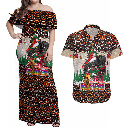 penrith-panthers-christmas-couples-matching-off-shoulder-maxi-dress-and-hawaiian-shirt-rugby-australia-mascot
