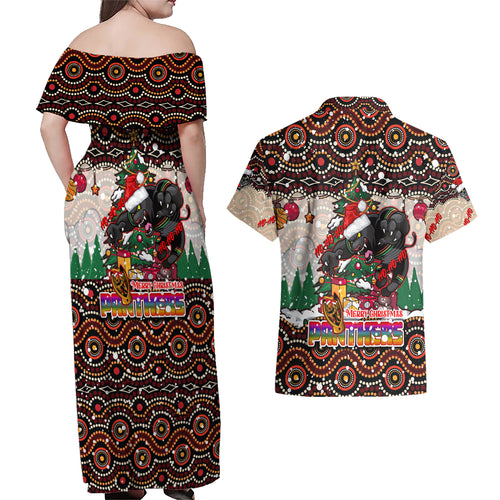 penrith-panthers-christmas-couples-matching-off-shoulder-maxi-dress-and-hawaiian-shirt-rugby-australia-mascot