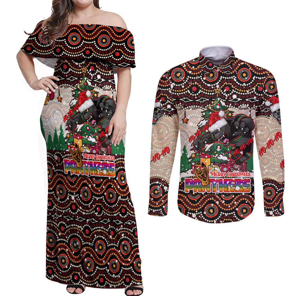 penrith-panthers-christmas-couples-matching-off-shoulder-maxi-dress-and-long-sleeve-button-shirt-rugby-australia-mascot