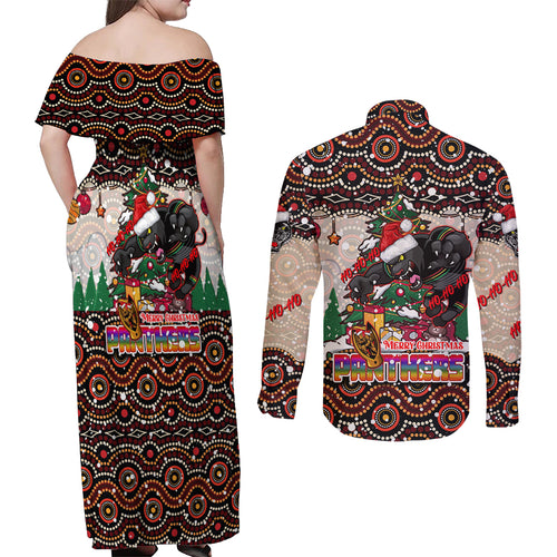 penrith-panthers-christmas-couples-matching-off-shoulder-maxi-dress-and-long-sleeve-button-shirt-rugby-australia-mascot