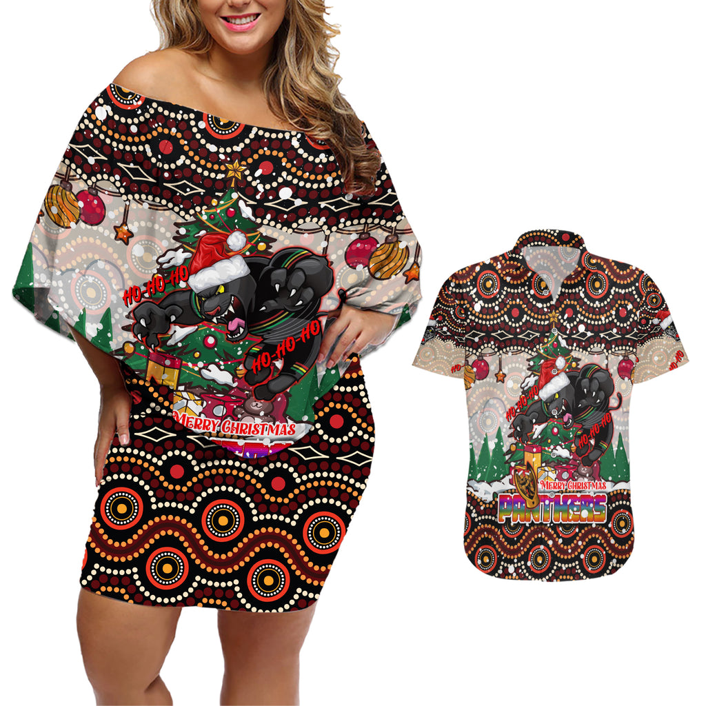 penrith-panthers-christmas-couples-matching-off-shoulder-short-dress-and-hawaiian-shirt-rugby-australia-mascot