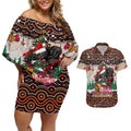 penrith-panthers-christmas-couples-matching-off-shoulder-short-dress-and-hawaiian-shirt-rugby-australia-mascot