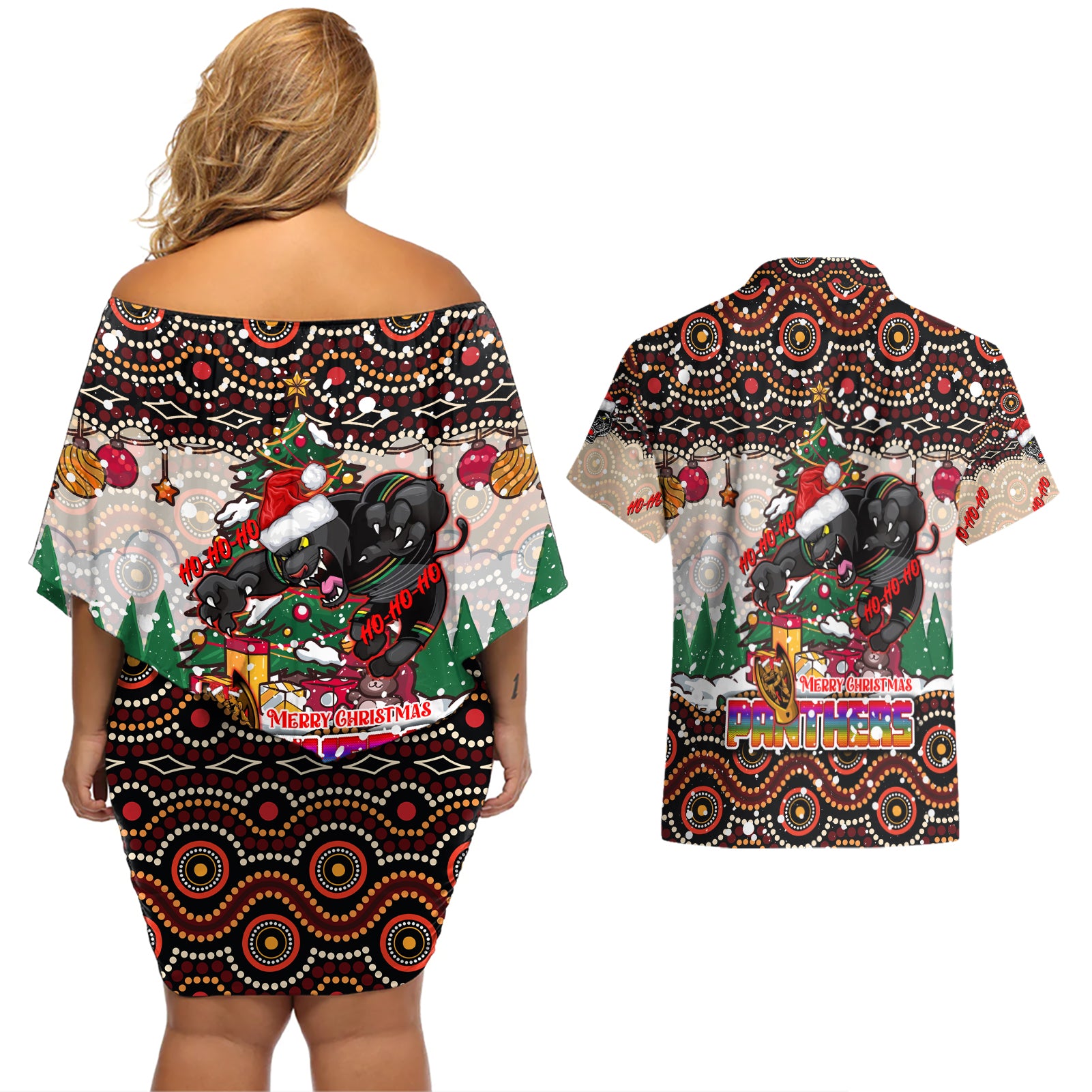 penrith-panthers-christmas-couples-matching-off-shoulder-short-dress-and-hawaiian-shirt-rugby-australia-mascot