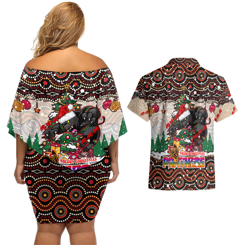 penrith-panthers-christmas-couples-matching-off-shoulder-short-dress-and-hawaiian-shirt-rugby-australia-mascot