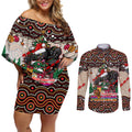 penrith-panthers-christmas-couples-matching-off-shoulder-short-dress-and-long-sleeve-button-shirt-rugby-australia-mascot