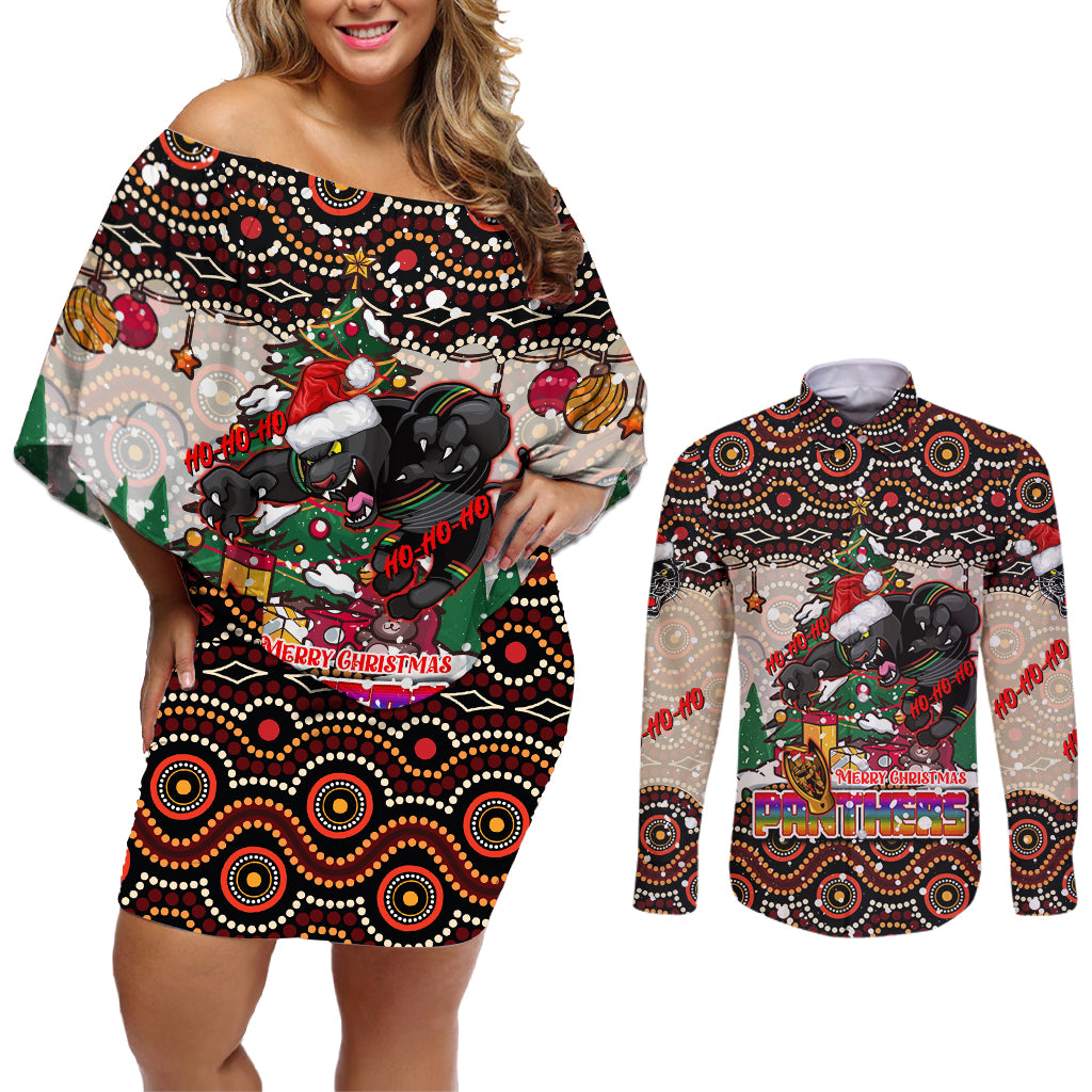 penrith-panthers-christmas-couples-matching-off-shoulder-short-dress-and-long-sleeve-button-shirt-rugby-australia-mascot