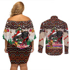penrith-panthers-christmas-couples-matching-off-shoulder-short-dress-and-long-sleeve-button-shirt-rugby-australia-mascot