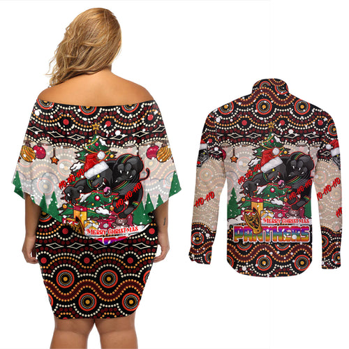 penrith-panthers-christmas-couples-matching-off-shoulder-short-dress-and-long-sleeve-button-shirt-rugby-australia-mascot