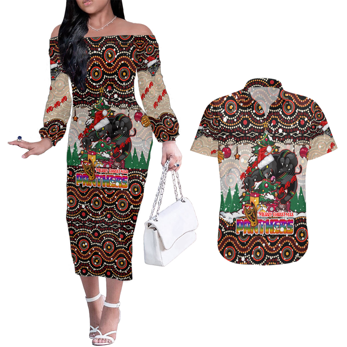 penrith-panthers-christmas-couples-matching-off-the-shoulder-long-sleeve-dress-and-hawaiian-shirt-rugby-australia-mascot