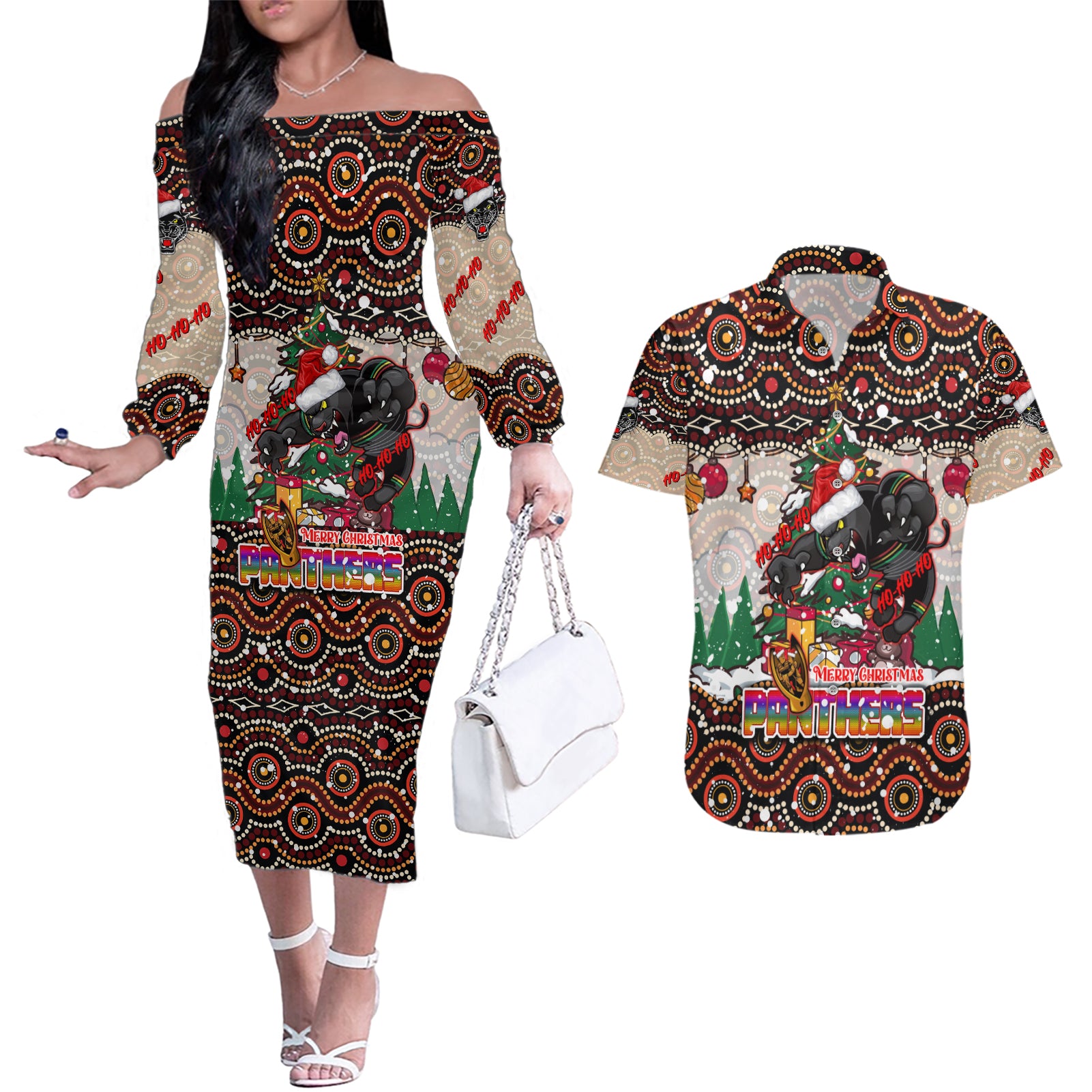 penrith-panthers-christmas-couples-matching-off-the-shoulder-long-sleeve-dress-and-hawaiian-shirt-rugby-australia-mascot